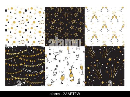 Collection of seamless pattern designs for celebrations , birthday and graduation party. In gold, white and black colors. Vector illustration Stock Vector