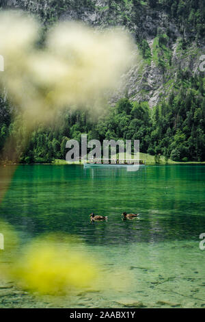 A tourist ship is cruising over the Koenigssee lake (Königssee) in Bavaria, Germany Stock Photo