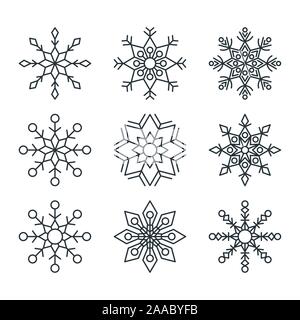Set of elegant, openwork geometric vector snowflakes. Stock Vector