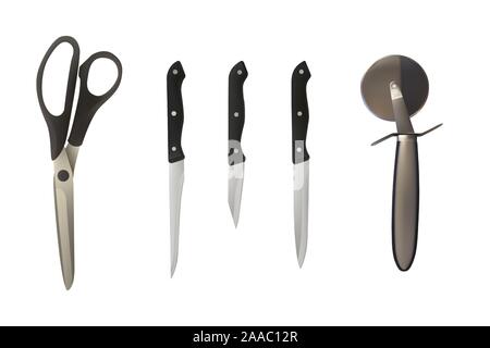 Knife set with black handle. Cutter pizza and scissors. Different type. Vector illustration. Food preparation. Stock Vector