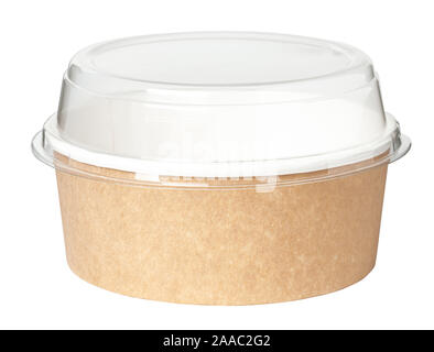 Food box. Round cardboard box with a transparent plastic lid. Isolated on white Stock Photo