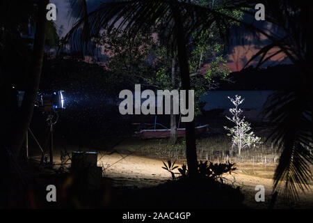 Midges in the light of a lantern at night, a searchlight beam on the river Stock Photo