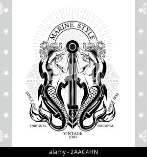 Anchor between two marmaids who closed face from bright rays. Marine style background on white Stock Vector