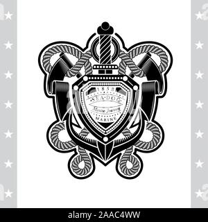 Anchor With Sword Rope And Flags. Sea Vintage Black Label Isolated On White Stock Vector