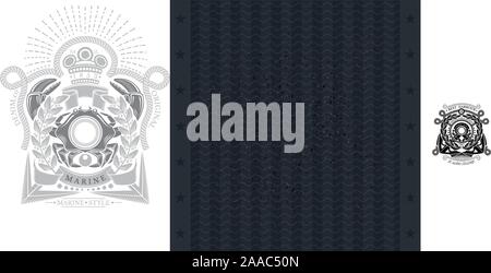 Crab Into Wreath With Anchors Rope And Ribbons. Sea Vintage Label On Blackboard Stock Vector