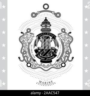 Frame from line pattern and lighthouse with round ribbon in center. Marine vintage label on white Stock Vector