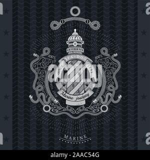 Frame from line pattern and lighthouse with round ribbon in center. Marine vintage label on blackboard Stock Vector