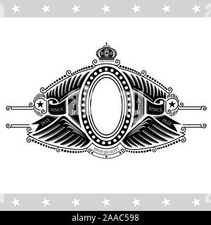 Oval frame in center of wings pattern. Heraldic vintage label on white Stock Vector