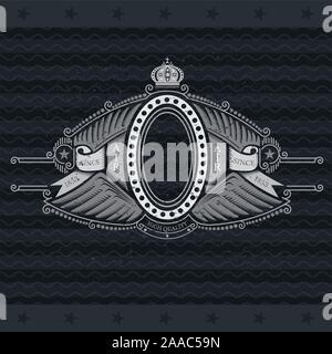 Oval frame in center of wings pattern. Heraldic vintage label on blackboard Stock Vector