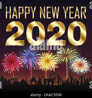 Happy new year 2020 with firework on city background Stock Vector