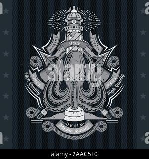 Octopus with Cross Harpoons and Lighthouse Behinde. Sea Vintage Label On Blackboard Stock Vector