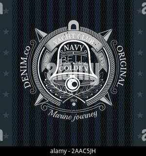 Round Frame From Rope and Ribbon With Bell and Lourel Branches Inside. Sea Vintage Label On Blackboard Stock Vector