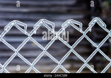 Ice on a fence made of metal mesh. Icy rain in the winter. Atmospheric phenomena of nature. Close up. Stock Photo