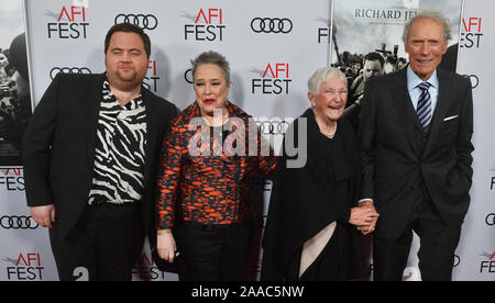 Cast members Paul Walter Hauser and Kathy Bates, Bobi Jewell and director Clint Eastwood (L-R) gather for a photo-op during the premiere of the motion picture drama 'Richard Jewell' at the TCL Chinese Theatre in the Hollywood section of Los Angeles on Wednesday, November 20, 2019. Storyline: American security guard Richard Jewell (Paul Walter Hauser) saves thousands of lives from an exploding bomb at the 1996 Olympics, but is vilified by journalists and the press who falsely report that he was a terrorist. Photo by Jim Ruymen/UPI. Stock Photo