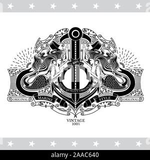 Two marmaids hold the anchor with ribbons and line pattern. Marine style background on white Stock Vector