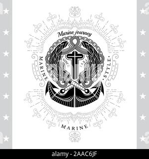Two Torch Cross And Anchor in Centre. Sea Vintage Black Label Isolated On White Stock Vector