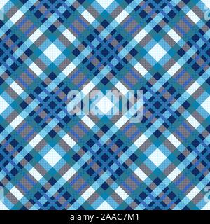 Diagonal seamless vector light pattern as a tartan plaid mainly in blue hues with grey and white colors Stock Vector