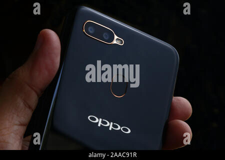 ANTIPOLO CITY, PHILIPPINES – NOVEMBER 20, 2019: Dual lens camera and fingerprint scanner at the back of a smartphone from a popular smartphone brand. Stock Photo