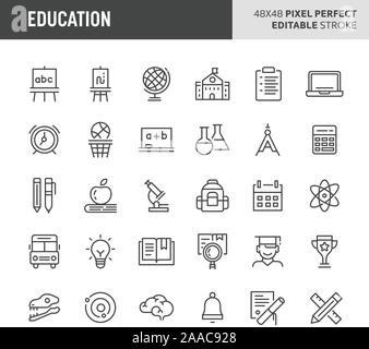 30 thin line icons associated with school & education. Symbols such as stationery,  activity & laboratory equipment are included in this set. 48x48 pi Stock Vector