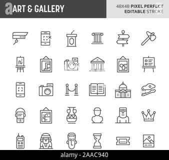 30 thin line icons associated with art and gallery with symbols such as historical object, artworks and museum related objects are included in this se Stock Vector