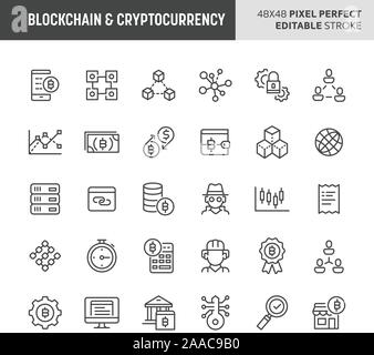 30 thin line icons associated with blockchain & cryptocurrency. Symbols such as digital asset, encryption, transaction & security are included. 48x48 Stock Vector