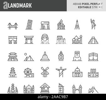 30 thin line icons associated with world's famous landmark. Symbols such as historical discovery, modern building & wonders are included in set. 48x48 Stock Vector