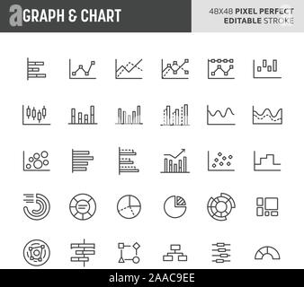 30 thin line icons associated with graph and chart used in math and statistics with symbols such as bar graphs, line graphs, pie graphs, scatter graph Stock Vector