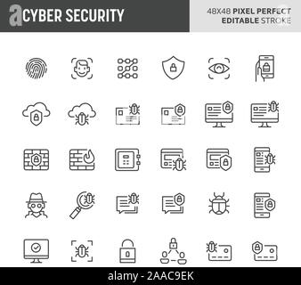 30 thin line icons associated with cyber security with fingerprint recognition, face ID, mobile, cloud & computer security are included in this set. 4 Stock Vector