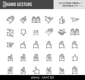 30 thin line icons associated with hand gestures. An action of fingers and thumb used to communicate messages. 48x48 pixel perfect icon with editable Stock Vector