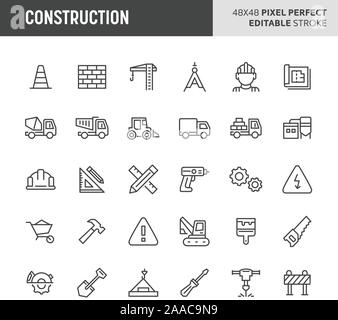 30 thin line icons associated with construction. Symbols such as crane, working tools, transportation and construction sign are included in this set. Stock Vector