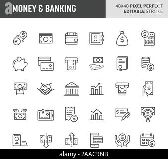 30 thin line icons associated with money and banking. Symbols such as money related items, banking and financial are included in this set. 48x48 pixel Stock Vector