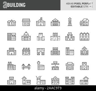 30 thin line icons associated with building & architecture. Symbols such as residential, commercial and public building are included in this set. 48x4 Stock Vector