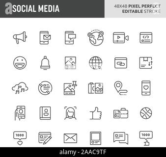 30 thin line icons associated with social media. Symbols such as community interaction, content-sharing and collaboration are included in this set. 48 Stock Vector