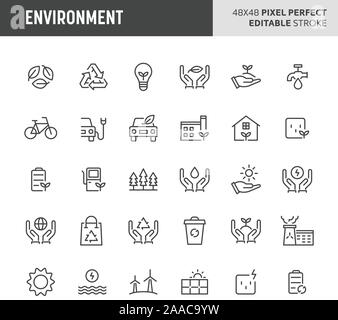 30 thin line icons associated with environment. Symbols such as green & eco-friendly symbol are included in this set. 48x48 pixel perfect vector icon Stock Vector