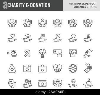 30 thin line icons associated with charity & donation. Symbols such as giving money, donating, caring and helping are included in this set. 48x48 pixe Stock Vector