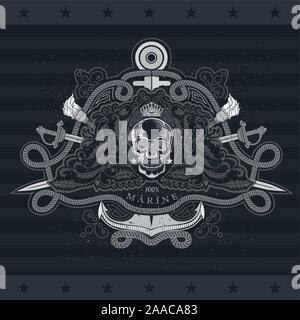 Skull front view in center of floral pattern with cross saber and anchor behind. Marine label isolated on blackboard Stock Vector