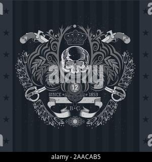 Skull front view in center of floral pattern with cross vintag guns and sabers. Heraldic vintage label on blackboard Stock Vector
