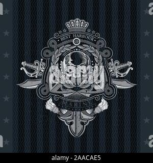 Skull front view in center of wreath with cross swords and anchor behind. Heraldic vintage label on blackboard Stock Vector