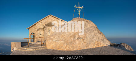 The Church of the Transfiguration and Holy Cross on the top of Athos Mountain, Halkidiki, Greece Stock Photo