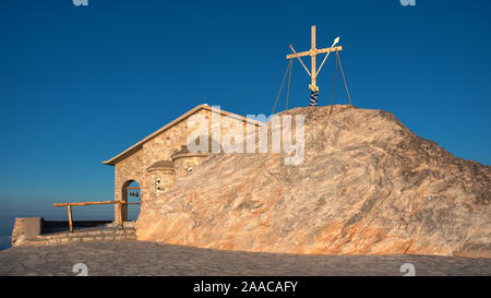 The Church of the Transfiguration and Holy Cross on the top of Athos Mountain, Halkidiki, Greece Stock Photo