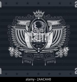 Skull front view in center oval frame between flags, cannon and ribbons. Vintage label isolated on blackboard Stock Vector