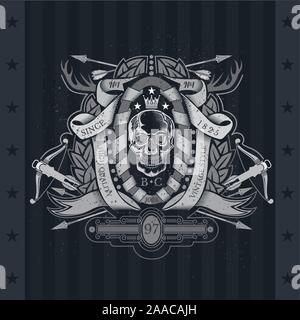Skull front view in center of winding ribbon and wreath with cross arrows, horns, crossbow. Heraldic vintage label on blackboard Stock Vector