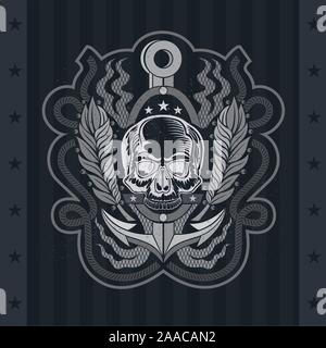 Skull front view without a lower jaw between lourel branch and anchor behind. Vintage label isolated on blackboard Stock Vector