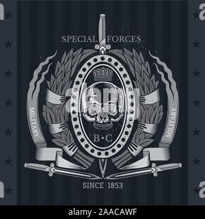 Vertical sword with skull front view in center oval frame between laurel wreath and ribbons. Vintage label isolated on blackboard Stock Vector