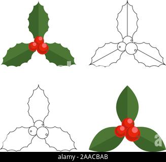 Holly berry Christmas icon. Element for design. Cartoon simple mistletoe decorative red and green ornament. Stock Vector