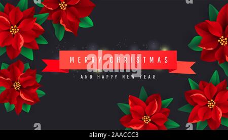Creative Christmas background with red ribbon and poinsettia flowers, stars and lights decor on a dark background. Winter holiday decorations card for Stock Vector