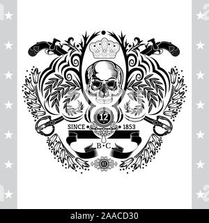 Skull front view in center of floral pattern with cross vintag guns and sabers. Heraldic vintage label on white Stock Vector