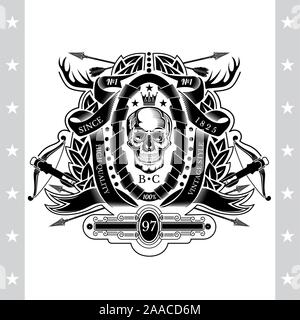 Skull front view in center of winding ribbon and wreath with cross arrows, horns, crossbow. Heraldic vintage label on white Stock Vector