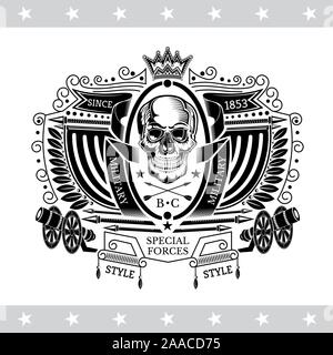 Skull front view in center oval frame between flags, cannon and ribbons. Vintage label isolated on white Stock Vector