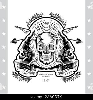 Skull front view in center of winding ribbon with cross arrows and line pattern. Heraldic vintage label on white Stock Vector